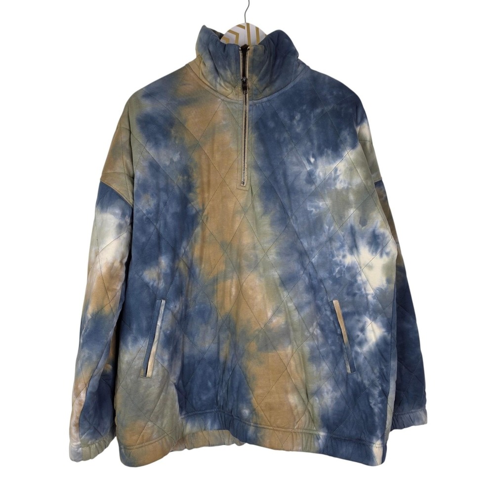 ENTRO Jacket Womens XL Blue Tie Dye Quilted 1/4 Zip Pullover Collared Thick NWT